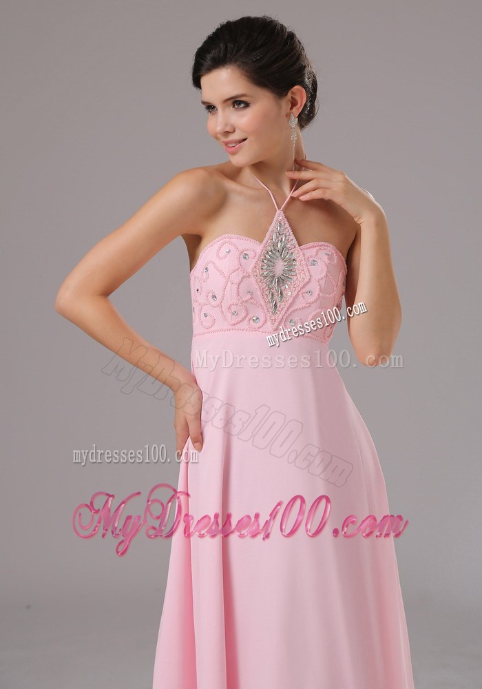 Baby Pink Halter and Beaded Decorate Bodice For 2013 Prom Dress