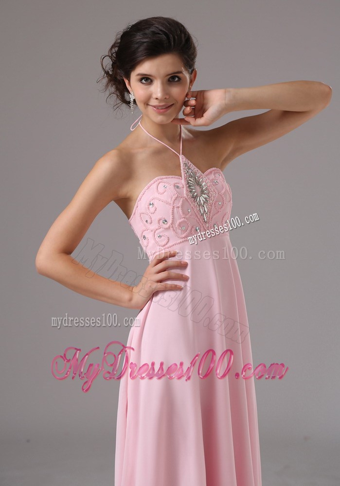 Baby Pink Halter and Beaded Decorate Bodice For 2013 Prom Dress