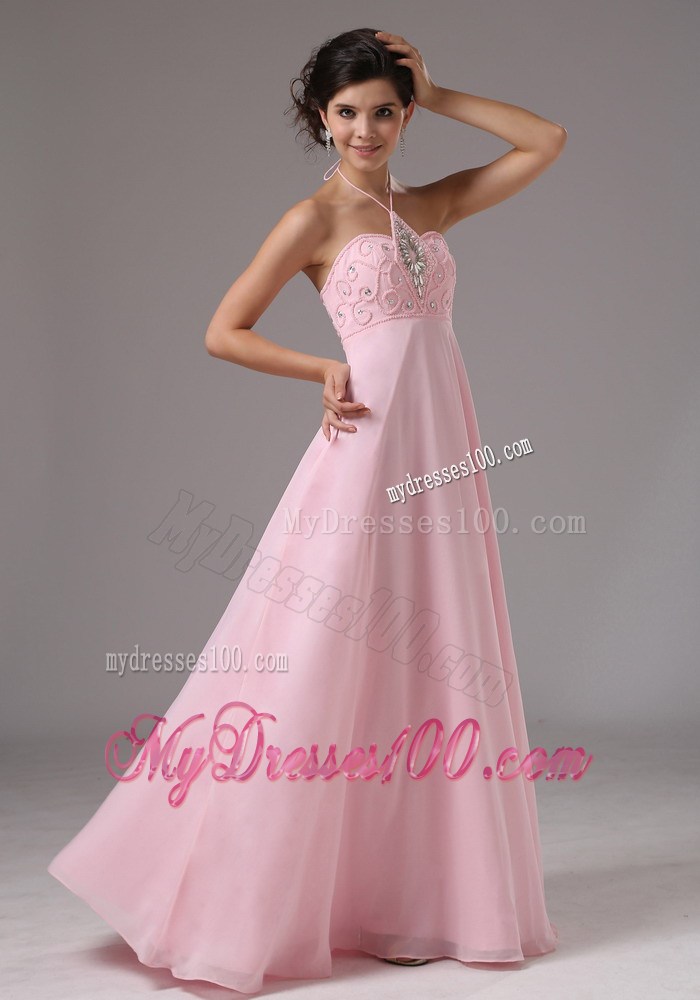 Baby Pink Halter and Beaded Decorate Bodice For 2013 Prom Dress