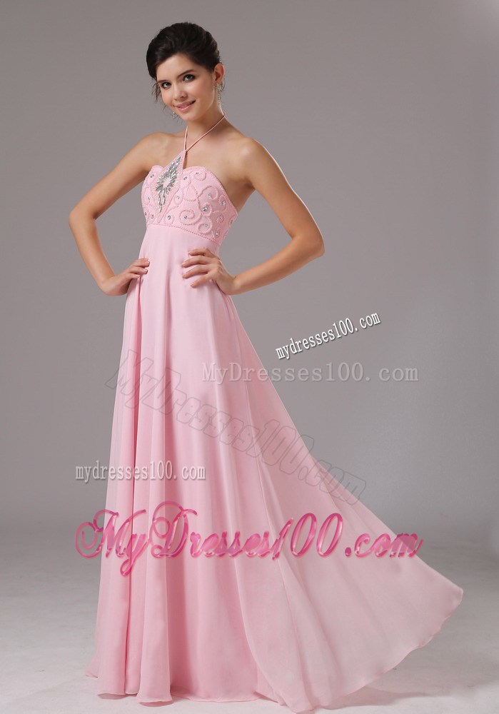 Baby Pink Halter and Beaded Decorate Bodice For 2013 Prom Dress