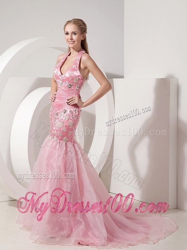 Baby Pink Evening Dress Mermaid Halter Beading and Appliques