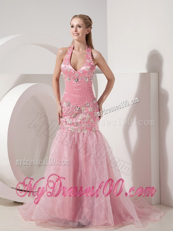 Baby Pink Evening Dress Mermaid Halter Beading and Appliques