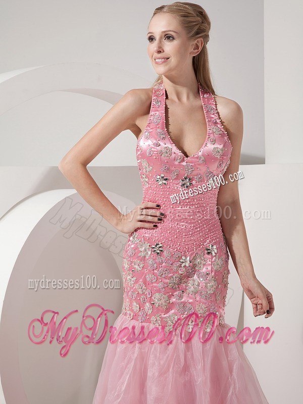 Baby Pink Evening Dress Mermaid Halter Beading and Appliques