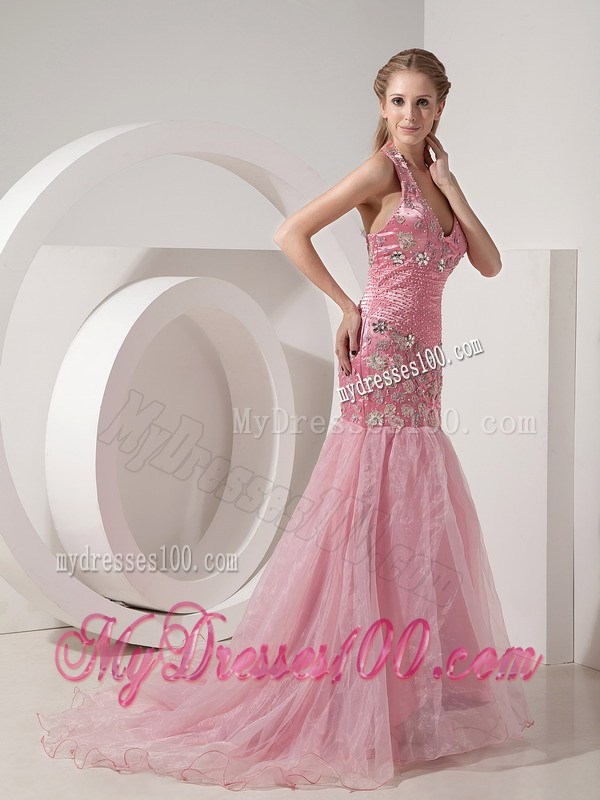 Baby Pink Evening Dress Mermaid Halter Beading and Appliques