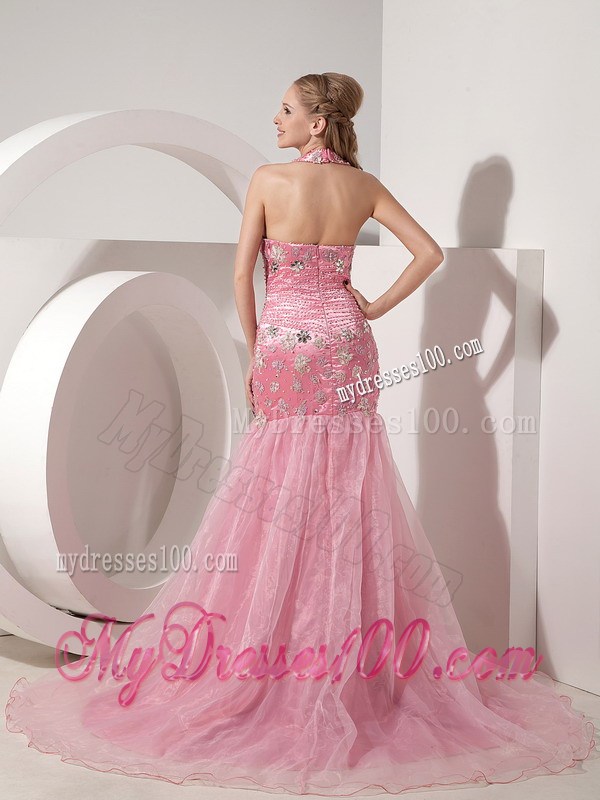 Baby Pink Evening Dress Mermaid Halter Beading and Appliques