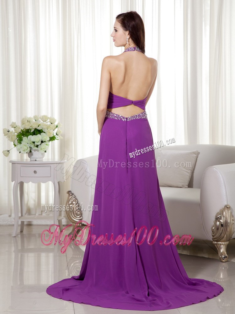 Purple Column Halter Brush Train Beading and Ruches Prom Celebrity Dress