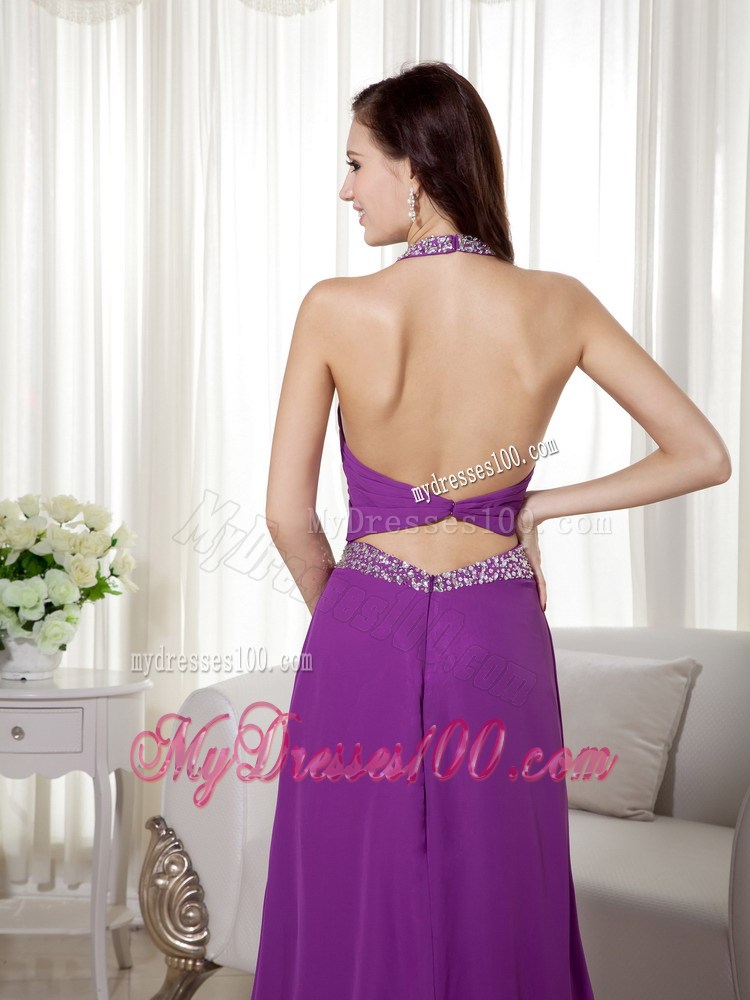 Purple Column Halter Brush Train Beading and Ruches Prom Celebrity Dress