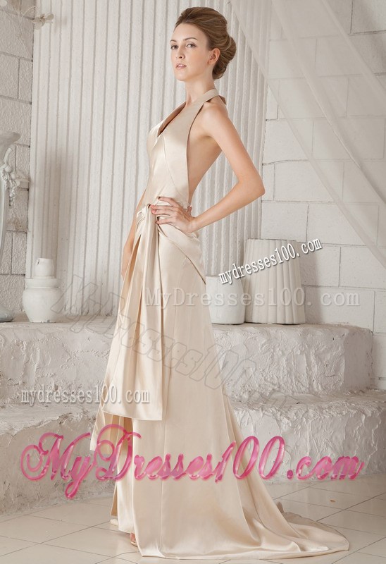 Champagne Column Halter Court Train Formal Evening Dress Party Dress
