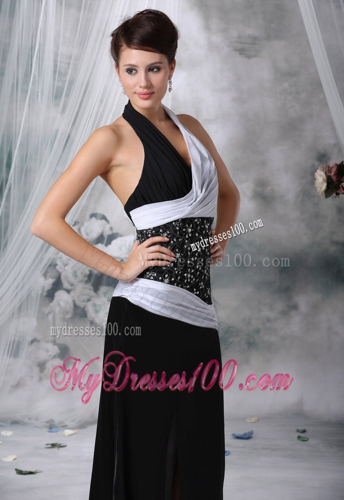Halter Beaded Decorate Wasit White and Black For Foraml Evening Dress
