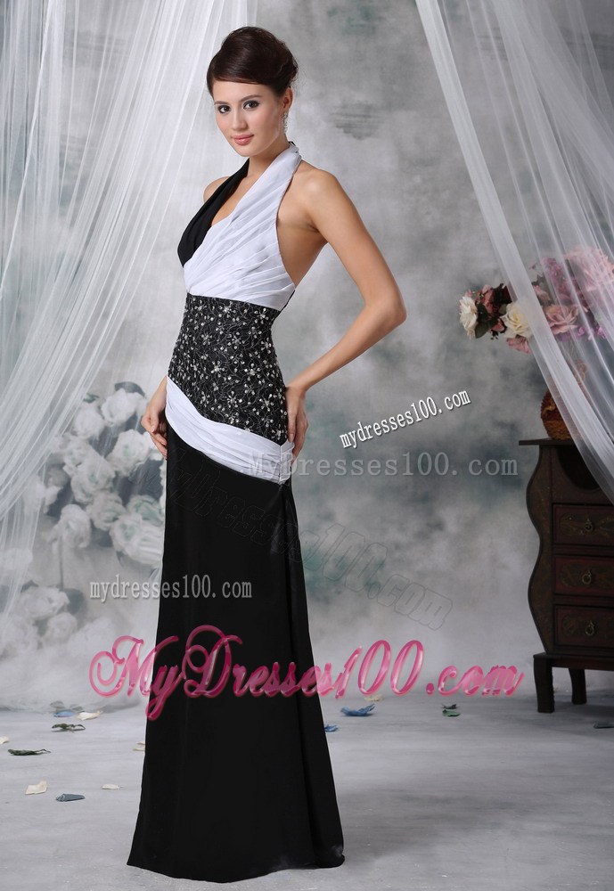Halter Beaded Decorate Wasit White and Black For Foraml Evening Dress