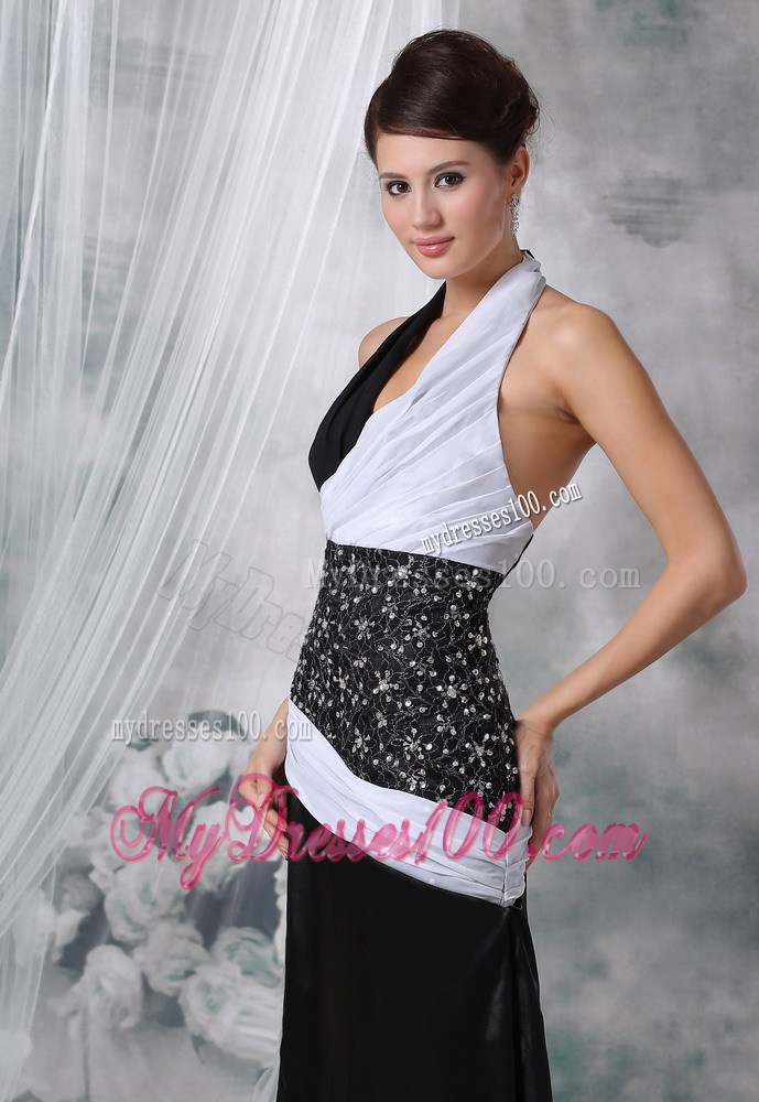 Halter Beaded Decorate Wasit White and Black For Foraml Evening Dress