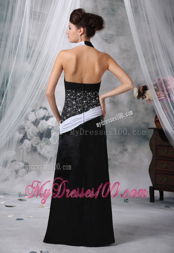 Halter Beaded Decorate Wasit White and Black For Foraml Evening Dress