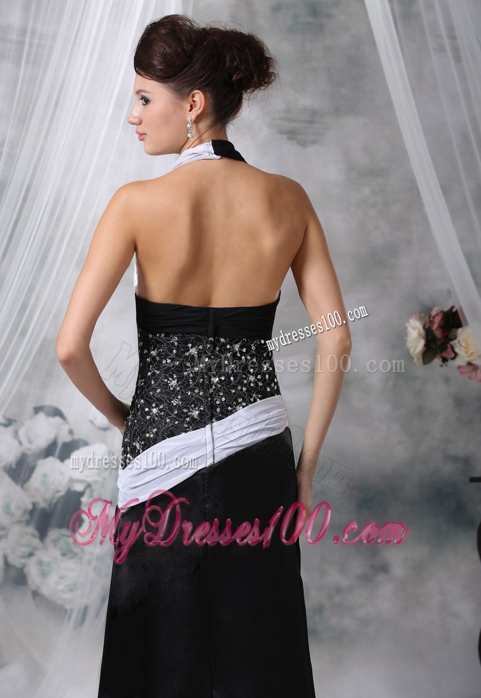 Halter Beaded Decorate Wasit White and Black For Foraml Evening Dress