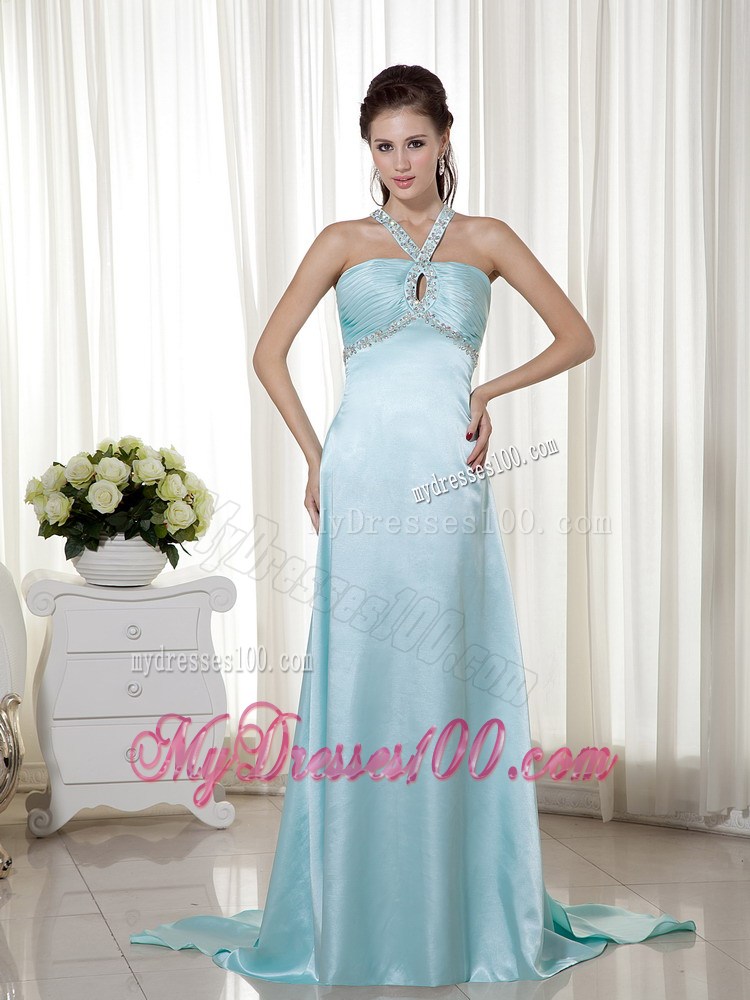 Light Blue Empire Halter Brush Train Beading 2013 Prom Dress