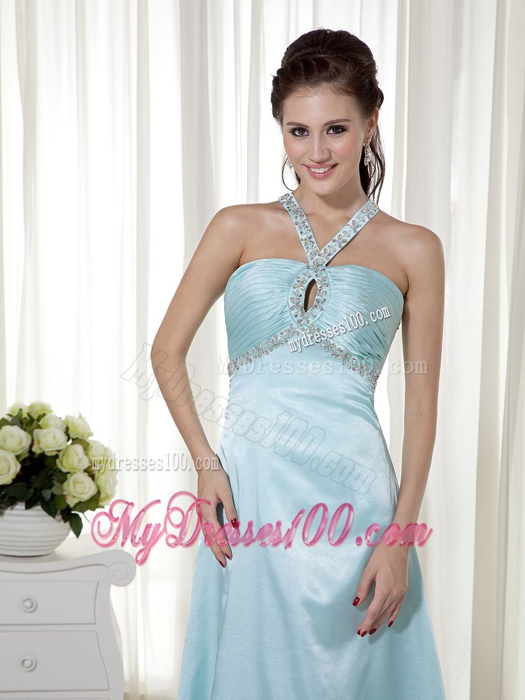 Light Blue Empire Halter Brush Train Beading 2013 Prom Dress