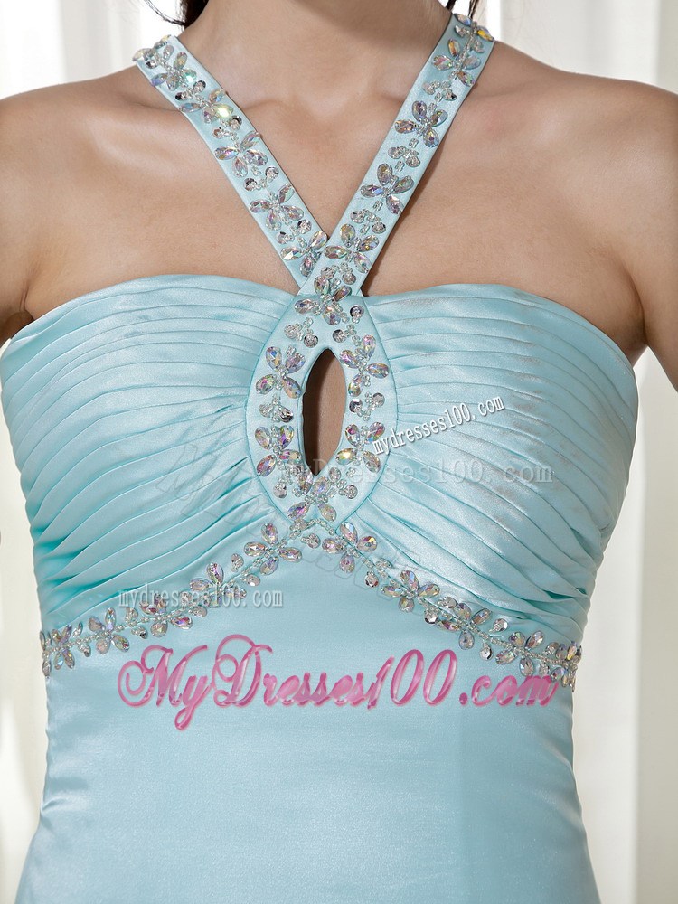 Light Blue Empire Halter Brush Train Beading 2013 Prom Dress