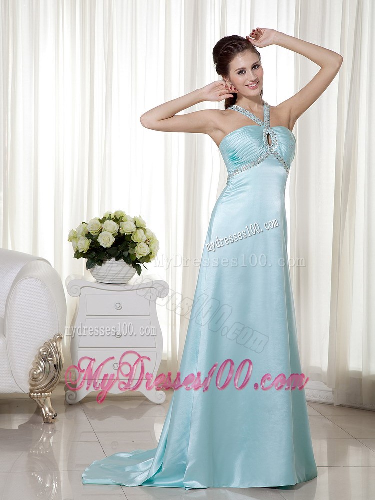 Light Blue Empire Halter Brush Train Beading 2013 Prom Dress