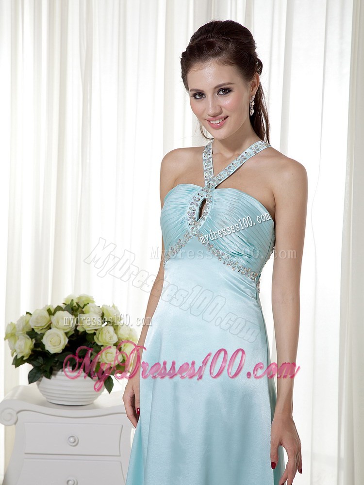Light Blue Empire Halter Brush Train Beading 2013 Prom Dress