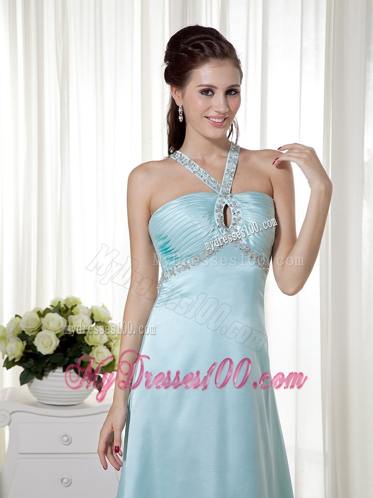 Light Blue Empire Halter Brush Train Beading 2013 Prom Dress