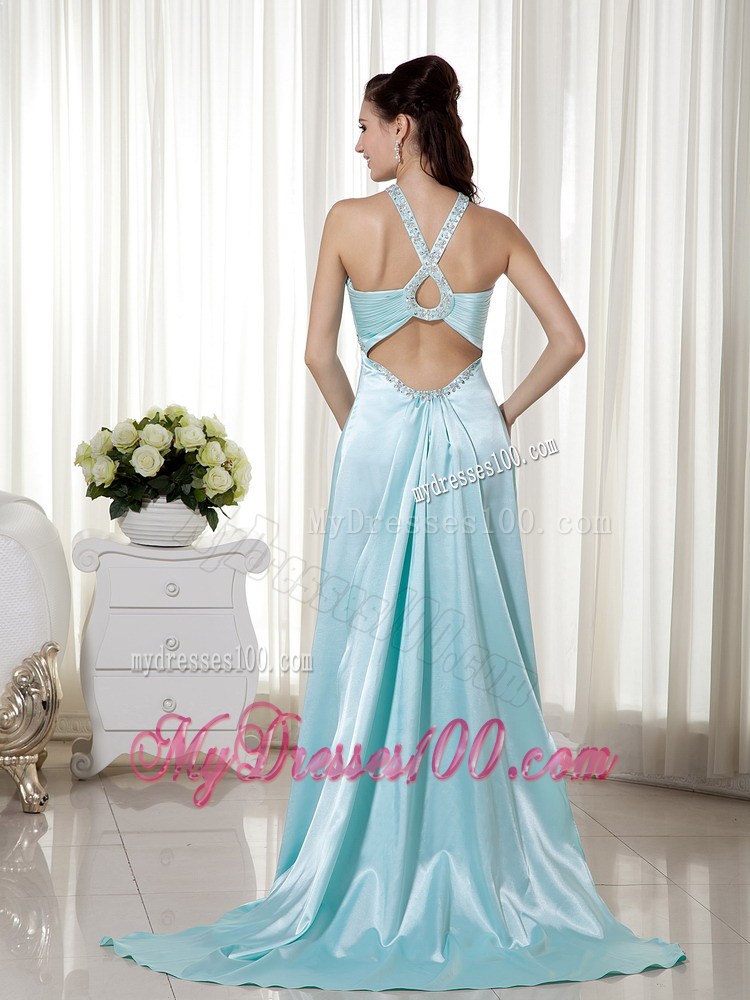 Light Blue Empire Halter Brush Train Beading 2013 Prom Dress