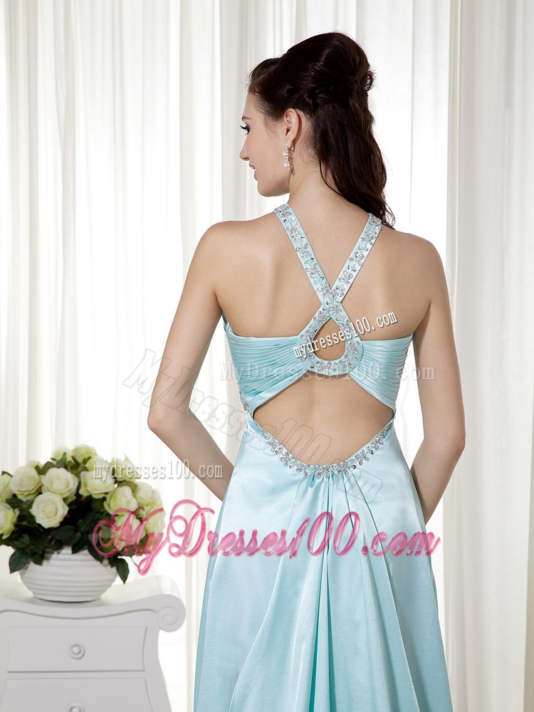 Light Blue Empire Halter Brush Train Beading 2013 Prom Dress