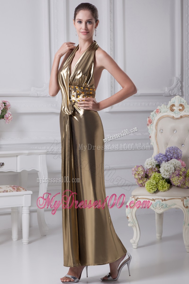 Halter Top Gold Beading Ankle-length Prom Dress