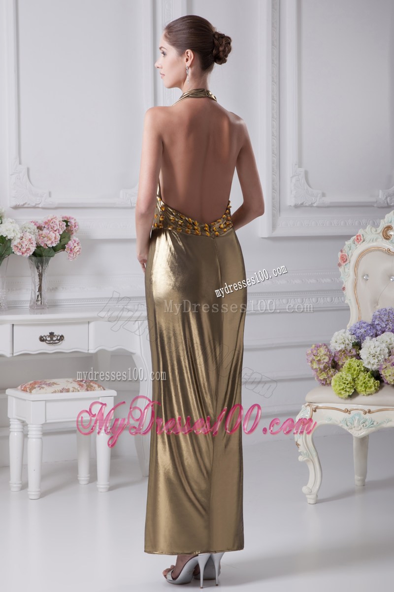 Halter Top Gold Beading Ankle-length Prom Dress