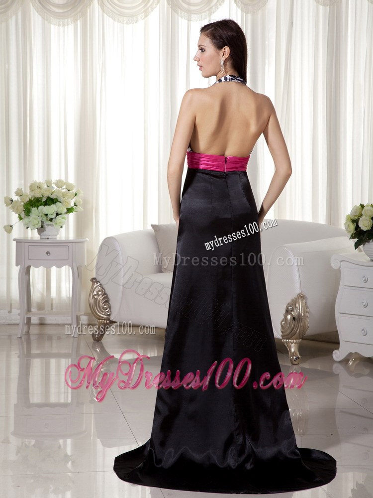 Black and Hot Pink Column / Sheath Halter Brush Train Zebra Prom Dress