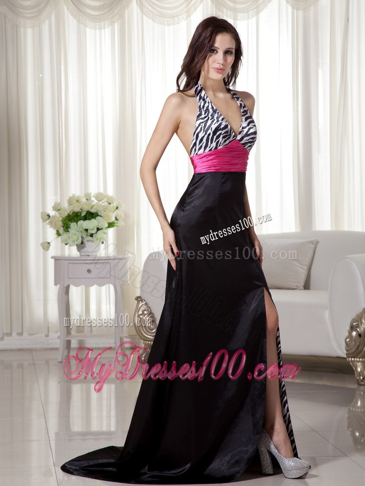 Black and Hot Pink Column / Sheath Halter Brush Train Zebra Prom Dress