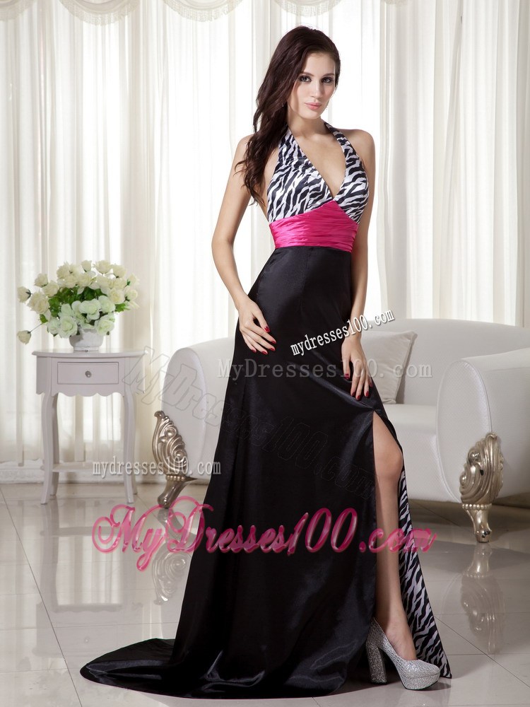 Black and Hot Pink Column / Sheath Halter Brush Train Zebra Prom Dress