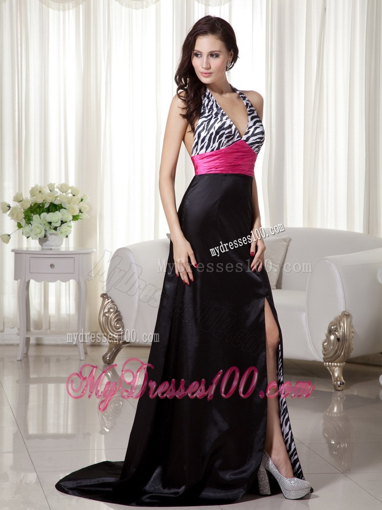 Black and Hot Pink Column / Sheath Halter Brush Train Zebra Prom Dress