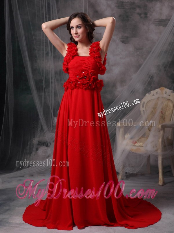 Modern Red Square Evening Dress with Beading and Flowers
