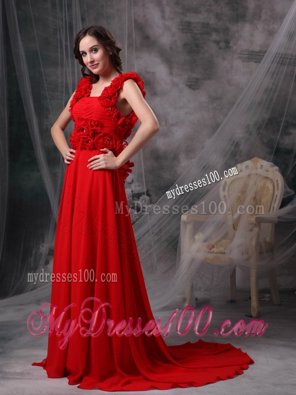 Modern Red Square Evening Dress with Beading and Flowers