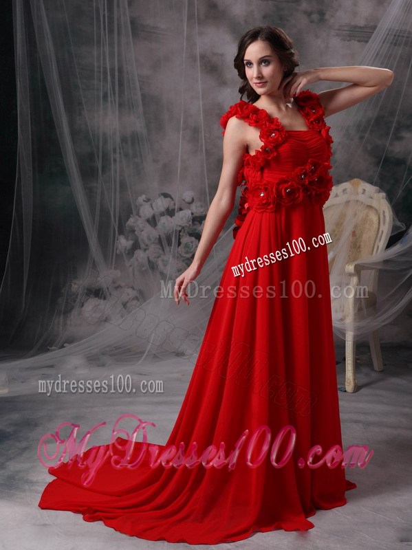 Modern Red Square Evening Dress with Beading and Flowers