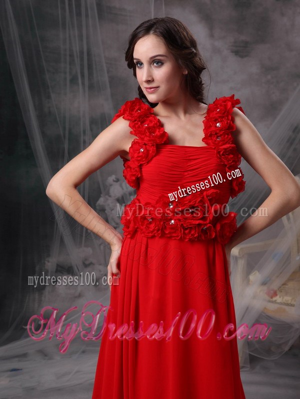 Modern Red Square Evening Dress with Beading and Flowers
