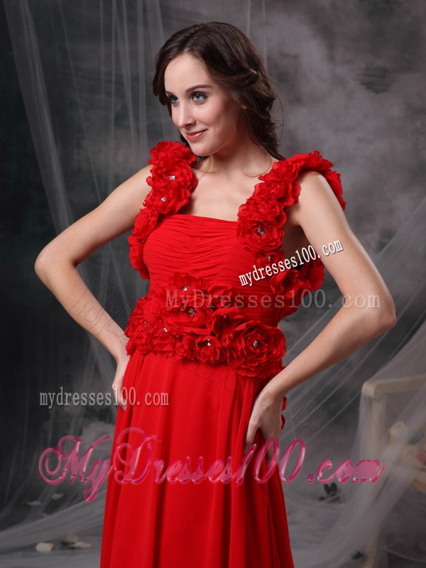 Modern Red Square Evening Dress with Beading and Flowers