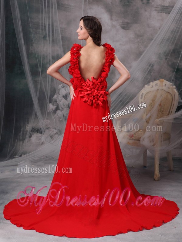 Modern Red Square Evening Dress with Beading and Flowers