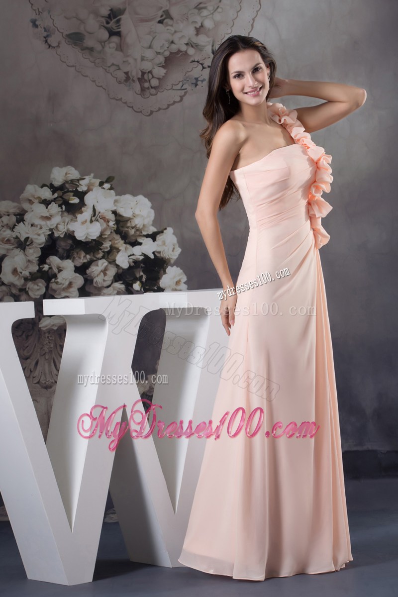 Hand Made Flowers Column One Shoulder long Pink Prom Dress