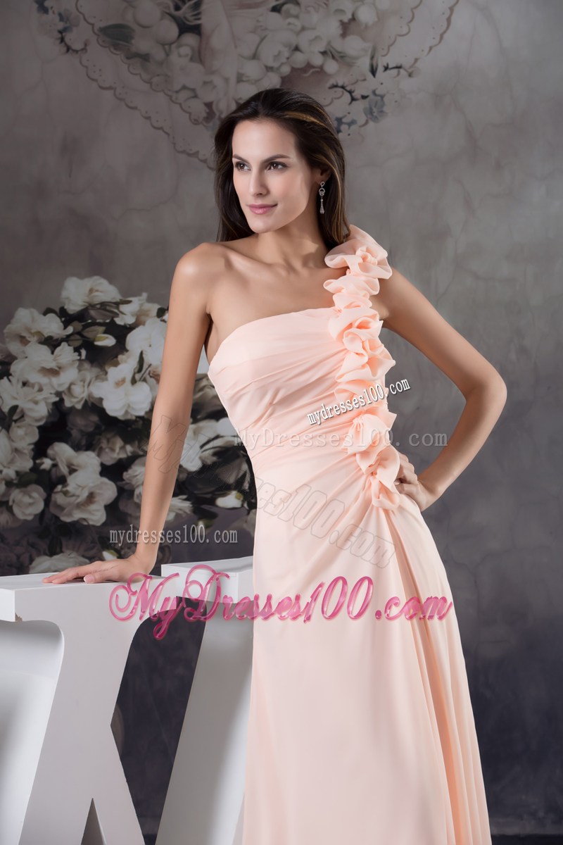 Hand Made Flowers Column One Shoulder long Pink Prom Dress