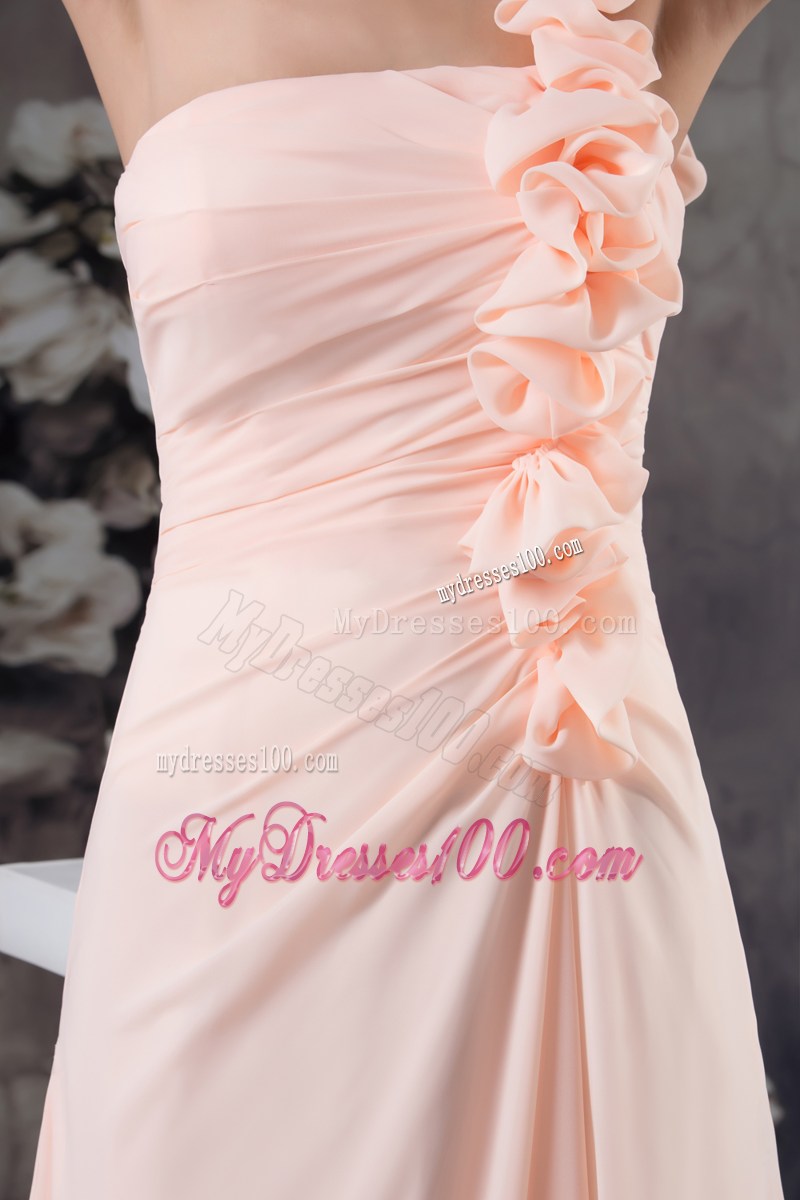 Hand Made Flowers Column One Shoulder long Pink Prom Dress