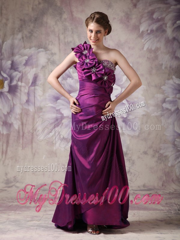 Beautiful Eggplant Purple Column One Shoulder Prom Dress with Flowers