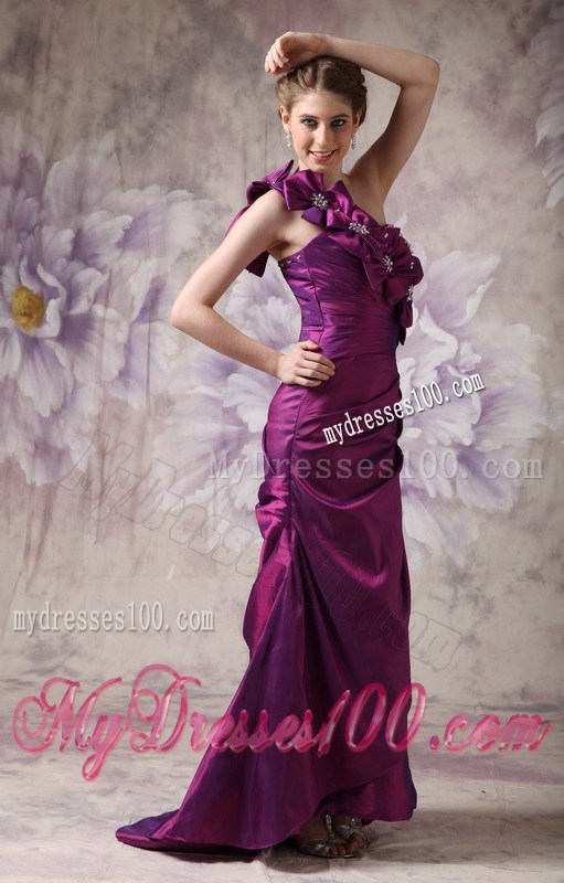 Beautiful Eggplant Purple Column One Shoulder Prom Dress with Flowers