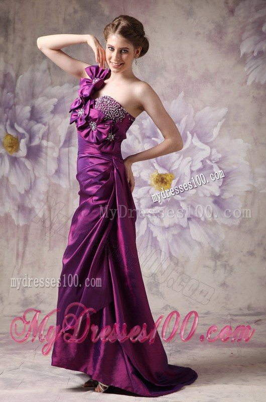 Beautiful Eggplant Purple Column One Shoulder Prom Dress with Flowers