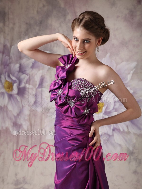 Beautiful Eggplant Purple Column One Shoulder Prom Dress with Flowers