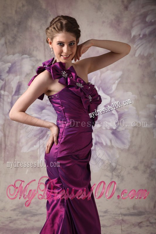 Beautiful Eggplant Purple Column One Shoulder Prom Dress with Flowers