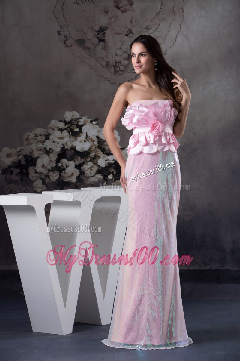 Hand Made Flowers Strapless Long Column / Sheath Prom Dress