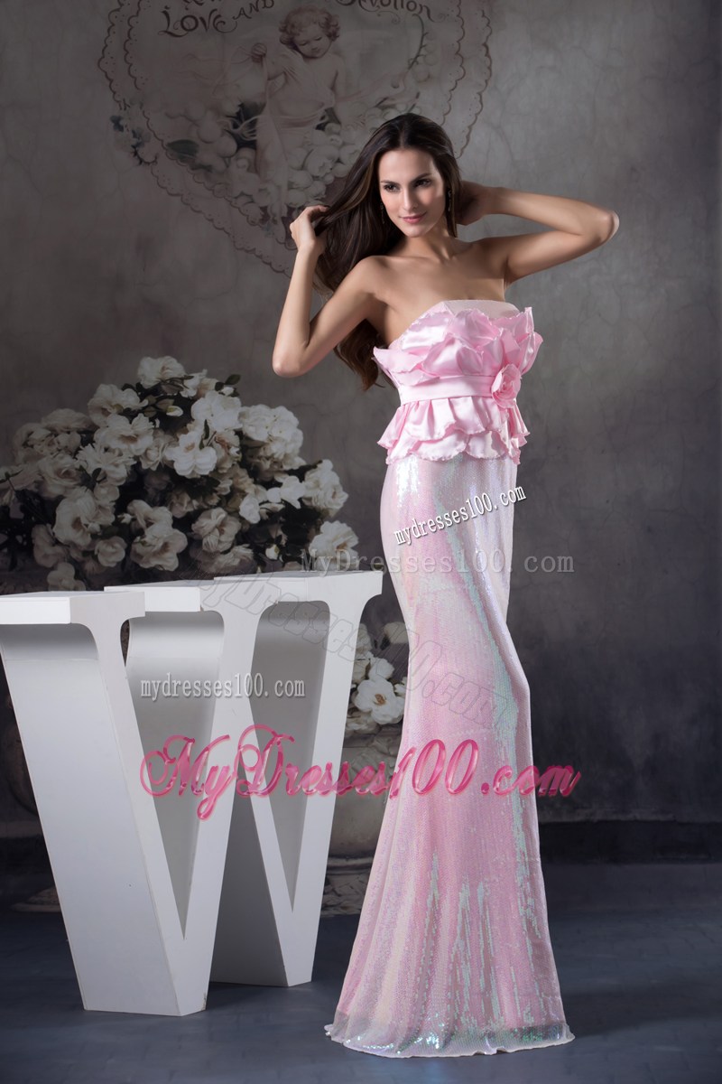 Hand Made Flowers Strapless Long Column / Sheath Prom Dress