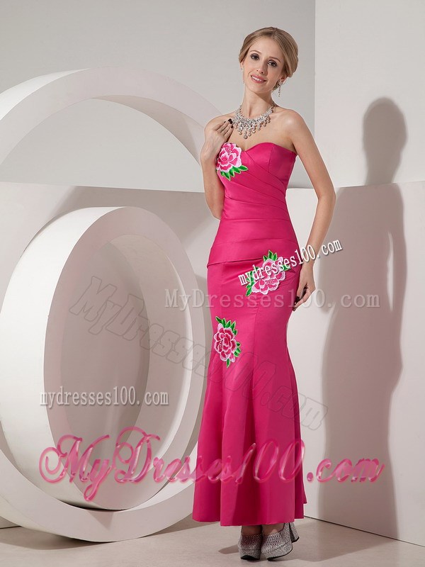 Hot Pink Mermaid Sweetheart Ankle-length Appliques Prom Dress