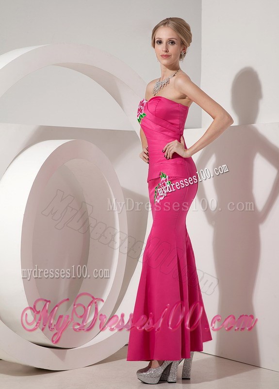 Hot Pink Mermaid Sweetheart Ankle-length Appliques Prom Dress
