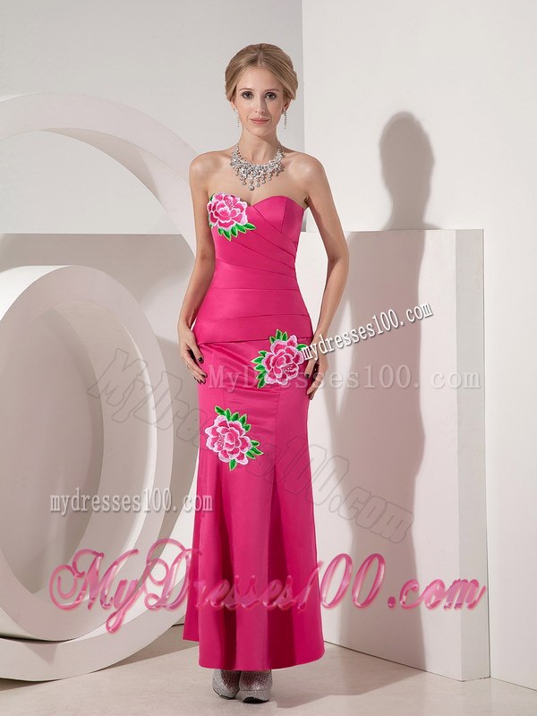 Hot Pink Mermaid Sweetheart Ankle-length Appliques Prom Dress